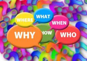 Speech bubbles containing the words: where, what, when, why, how and who